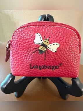 Longaberger Red Pebbled Leather Coin Pouch with Bee Accent